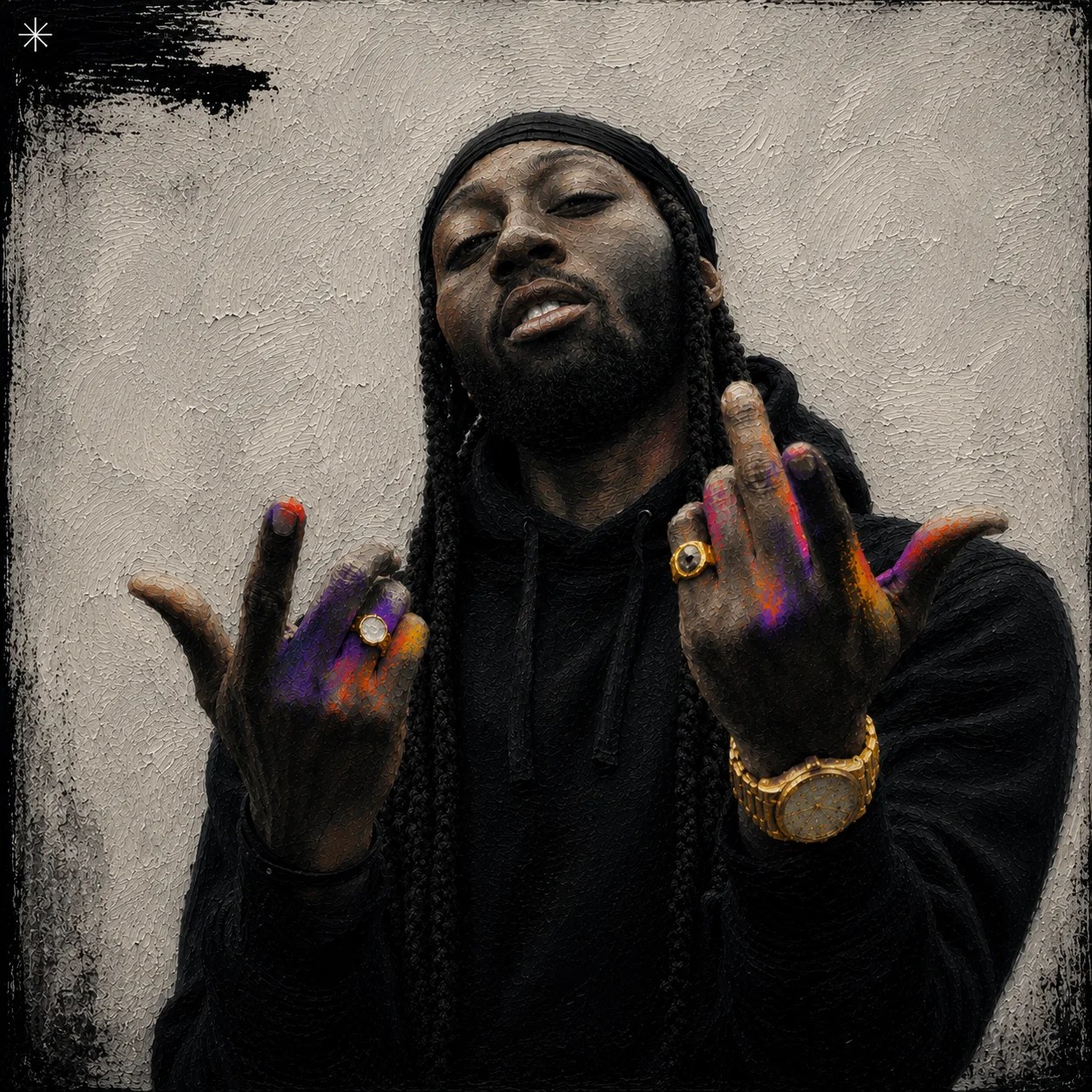 Confz in painted campaign artwork, with colour on his hands